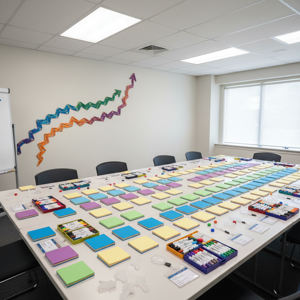 An energetic project room set up for a youth leadership session, shown through carefully arranged materials instead of people: a large central table covered with colorful sticky-note pads turned upside down so no writing is visible, open marker cases, blank name badges, and small 3D-printed tokens shaped like lightbulbs and arrows. On one side, a freestanding whiteboard holds only vibrant magnetic shapes forming a rising path motif. Overhead LED panels and indirect window light create bright, even illumination with minimal shadows. Photographic realism, slightly elevated camera angle with a wide view that keeps all objects in focus. The mood is dynamic and optimistic, suggesting structured collaboration and growth in a playful, community-oriented nonprofit setting.