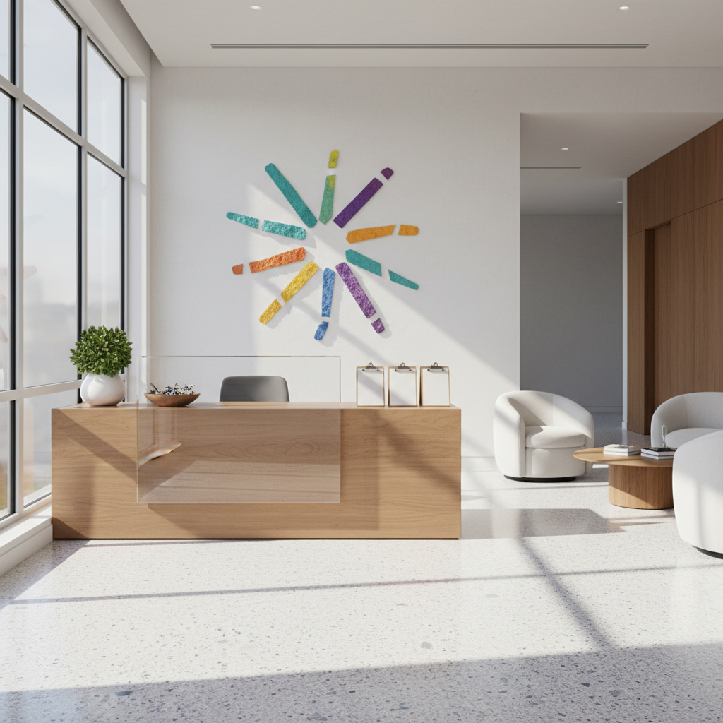 A modern nonprofit office reception area visualized without people: a simple wooden reception desk with a sleek, text-free acrylic panel, behind which a feature wall displays colorful, abstract shapes radiating outward like a playful emblem of community. On the counter, a small potted plant, a bowl of assorted keychains shaped like stars and arrows, and a stack of blank clipboards suggest organized youth programs. Large windows flood the space with bright, natural light, casting soft shadows on a light terrazzo floor. Photographic realism, eye-level composition using the rule of thirds, with sharp detail throughout. The mood is transparent, trustworthy, and welcoming, conveying nonprofit credibility while maintaining a fun, youth-oriented atmosphere.