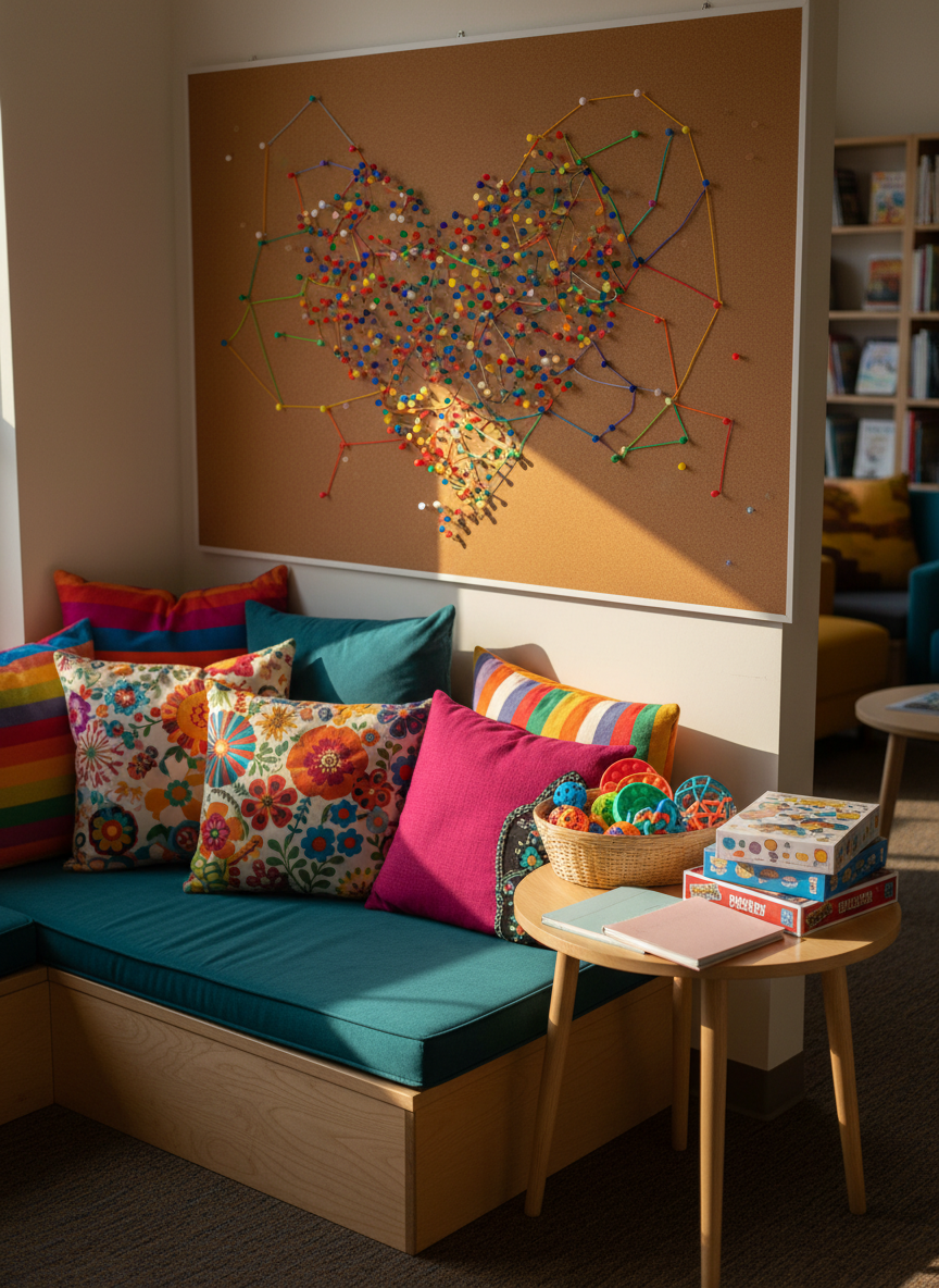 A cozy community corner symbolizing youth support and connection through objects: a low, cushioned bench overflowing with brightly patterned throw pillows in bold, youthful colors, next to a small round table holding a basket of fidget toys, blank journals, and closed board game boxes with designs turned away so no text appears. A large cork board above shows only colorful pushpins forming a heart-like cluster and branching lines, hinting at networks of support. Warm late-afternoon window light washes the scene, producing gentle highlights and soft, comforting shadows. Photographic realism, close-up eye-level framing that focuses on the textures of fabric and objects, with a softly blurred background. The atmosphere feels safe, playful, and inclusive, reflecting a communal nonprofit space for young people.