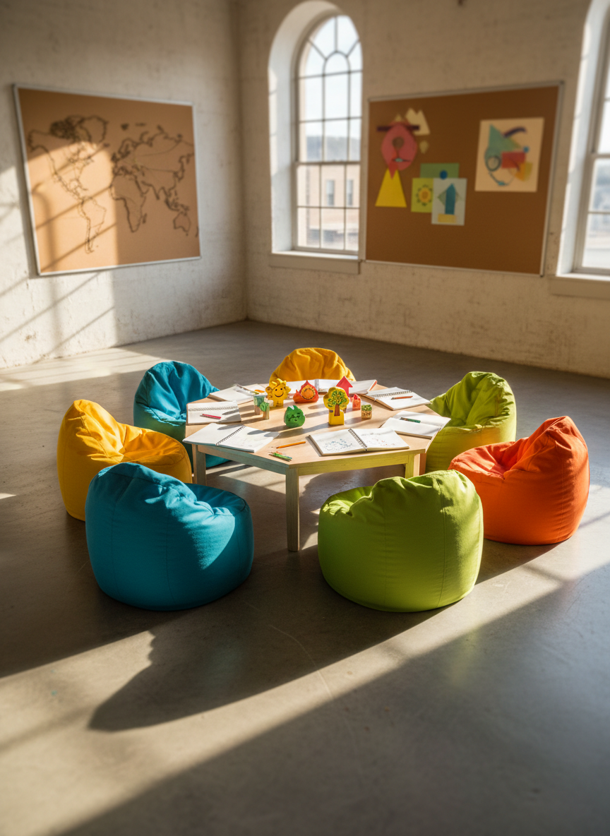 A colorful community workshop room represented through inanimate objects: bright beanbag chairs arranged in a loose circle around a low wooden table scattered with open notebooks, sketchpads, and vividly painted wooden blocks shaped like youth-friendly icons. On the walls, blank cork boards hold pin-free map outlines and abstract symbols hinting at teamwork and growth, but no text. Late afternoon sunlight pours through large windows, casting playful, elongated shadows and warm reflections on a polished concrete floor. Photographic realism, shot at eye level with a slight wide-angle lens, sharp focus on the table in the foreground and a soft bokeh background, creating an energetic yet welcoming mood that suggests a nonprofit youth hub without showing people.