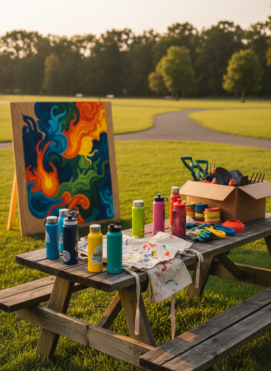 A sunlit outdoor community space shown through objects that imply active youth participation: a well-used wooden picnic table covered with colorful reusable water bottles, paint-splattered aprons neatly folded, and open cardboard boxes filled with gardening tools, sports cones, and bright fabric bands. Nearby, a half-completed mural on a freestanding panel features abstract shapes and vibrant colors symbolizing unity and growth, carefully avoiding any text or human figures. Soft golden hour light creates long, friendly shadows across trimmed grass and a compact dirt path. Photographic realism, slightly elevated angle, with crisp detail on the table contents and gradual blur toward a treeline background, evoking a playful, hopeful atmosphere for a youth-focused community nonprofit.